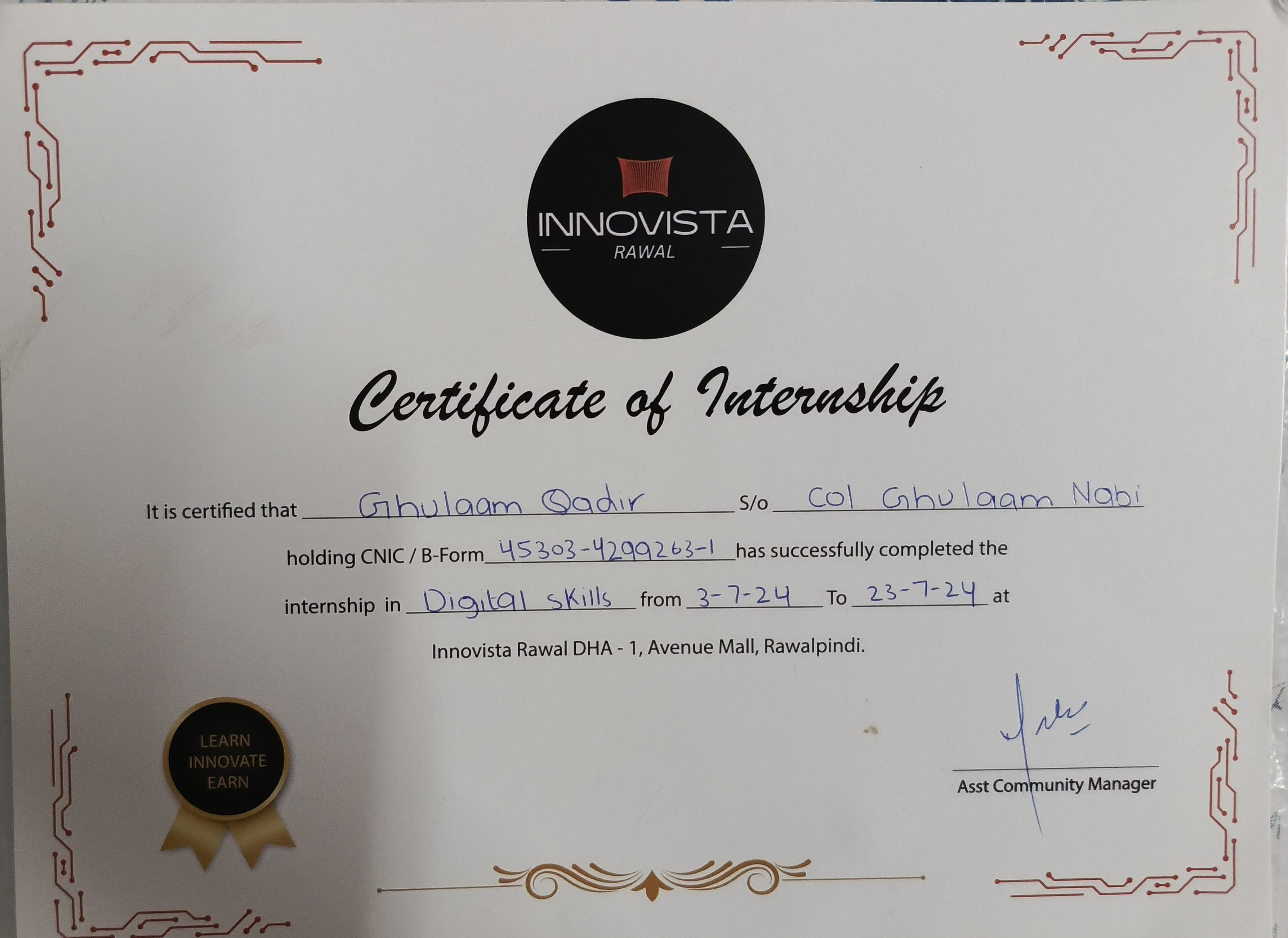 Internship Certificate - Innovista Rawal